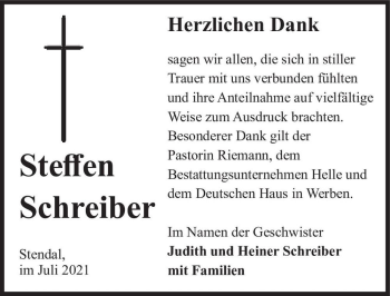 Traueranzeige von Steffen Schreiber  von Magdeburger Volksstimme