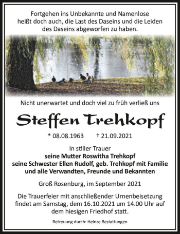 Traueranzeige von Steffen Trehkopf  von Magdeburger Volksstimme