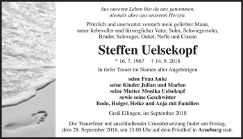 Traueranzeige von Steffen Uelsekopf  von Magdeburger Volksstimme