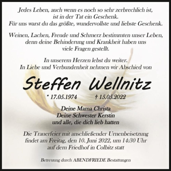 Traueranzeige von Steffen Wellnitz  von Magdeburger Volksstimme