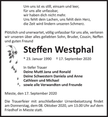 Traueranzeige von Steffen Westphal  von Magdeburger Volksstimme