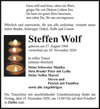 Traueranzeige von Steffen Wolf  von Magdeburger Volksstimme