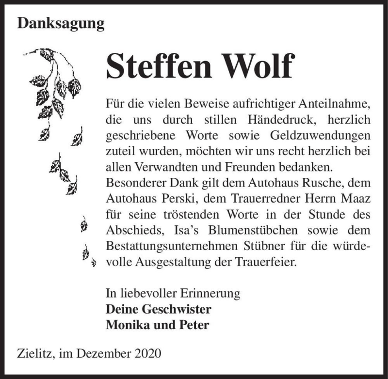  Traueranzeige für Steffen Wolf  vom 02.01.2021 aus Magdeburger Volksstimme