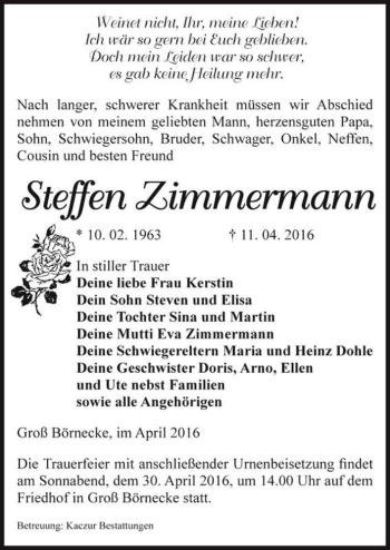 Traueranzeige von Steffen Zimmermann  von Magdeburger Volksstimme
