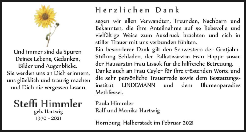  Traueranzeige für Steffi Himmler (geb. Hartwig)  vom 13.02.2021 aus Magdeburger Volksstimme