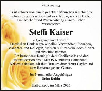 Traueranzeige von Steffi Kaiser  von Magdeburger Volksstimme
