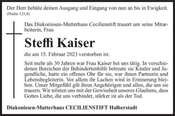 Traueranzeige von Steffi Kaiser  von Magdeburger Volksstimme