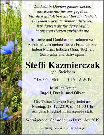Traueranzeige von Steffi Kazmierczak (geb. Steinborn)  von Magdeburger Volksstimme