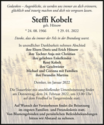 Traueranzeige von Steffi Kobelt (geb. Hönow)  von Magdeburger Volksstimme