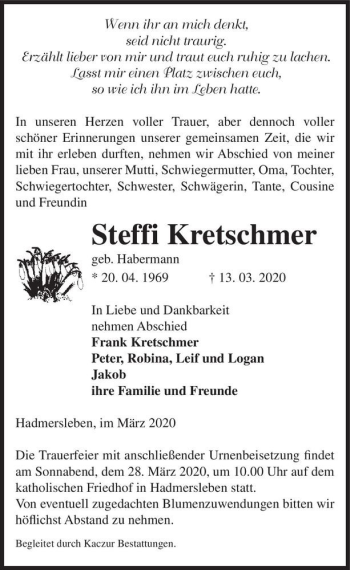 Traueranzeige von Steffi Kretschmer (geb. Habermann)  von Magdeburger Volksstimme