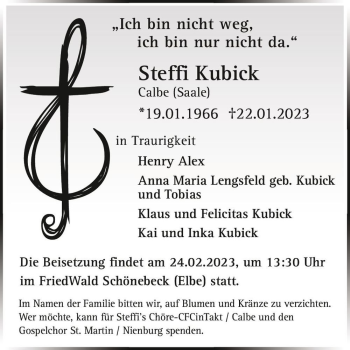 Traueranzeige von Steffi Kubick  von Magdeburger Volksstimme