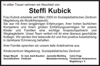 Traueranzeige von Steffi Kubick  von Magdeburger Volksstimme