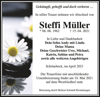 Traueranzeige von Steffi Müller  von Magdeburger Volksstimme