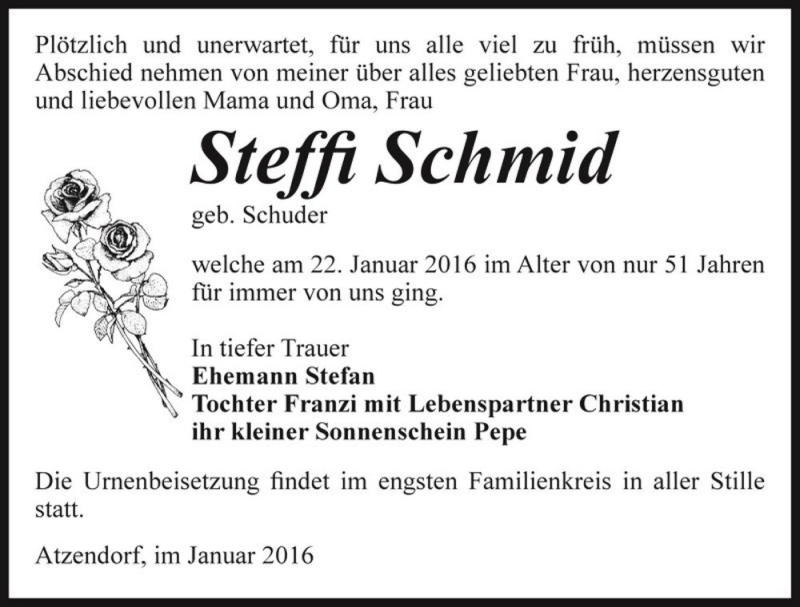  Traueranzeige für Steffi Schmid (geb. Schuder)  vom 30.01.2016 aus Magdeburger Volksstimme