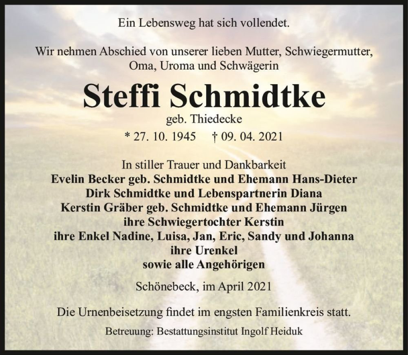  Traueranzeige für Steffi Schmidtke (geb. Thiedecke)  vom 17.04.2021 aus Magdeburger Volksstimme