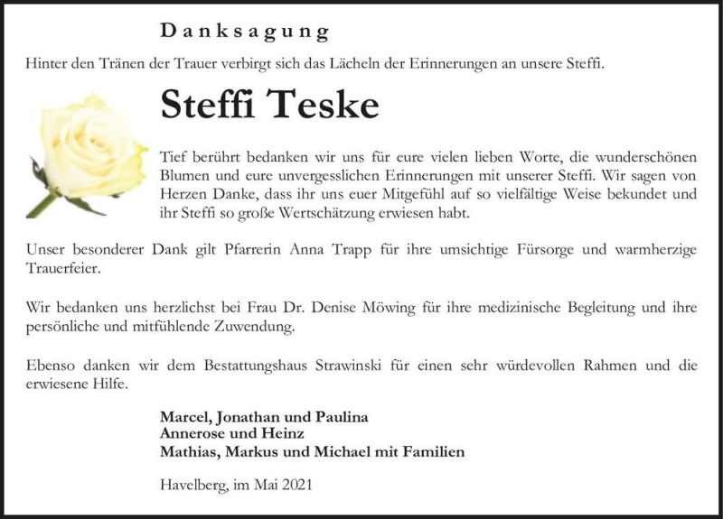  Traueranzeige für Steffi Teske  vom 15.05.2021 aus Magdeburger Volksstimme