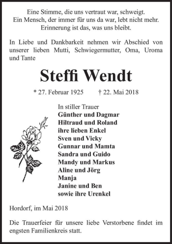 Traueranzeige von Steffi Wendt  von Magdeburger Volksstimme