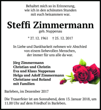 Traueranzeige von Steffi Zimmermann (geb. Nuppenau)  von Magdeburger Volksstimme