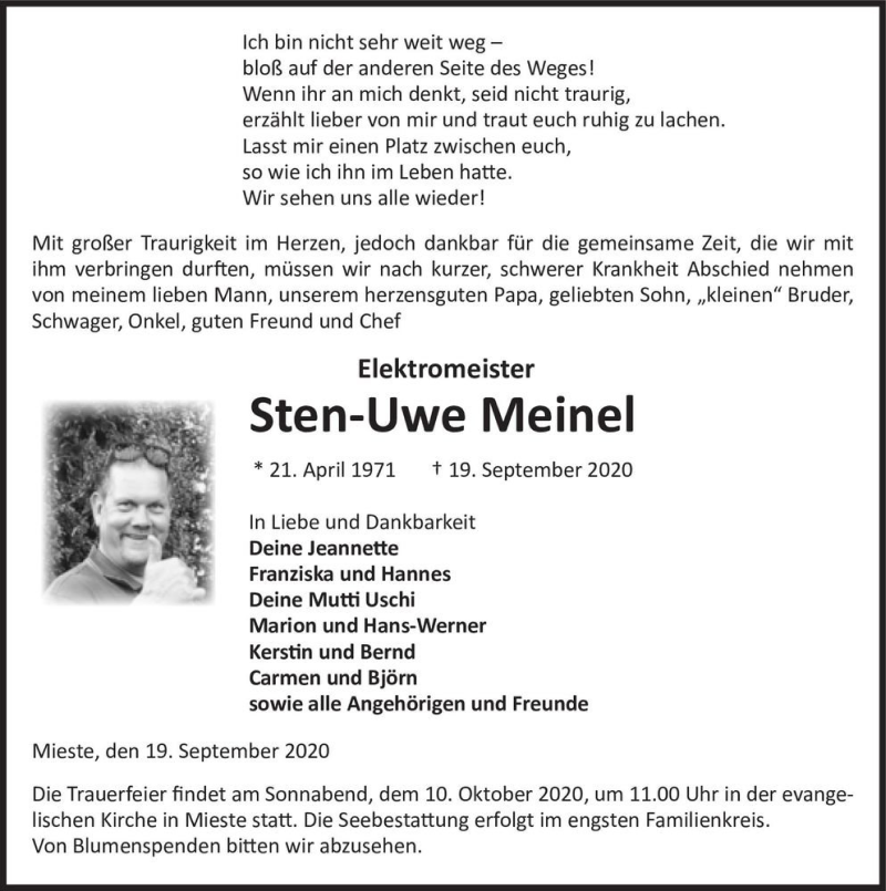  Traueranzeige für Sten-Uwe Meinel  vom 23.09.2020 aus Magdeburger Volksstimme
