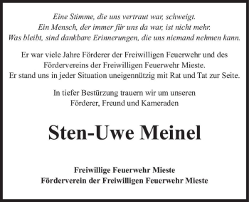 Traueranzeige von Sten-Uwe Meinel  von Magdeburger Volksstimme
