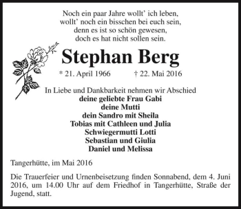 Traueranzeige von Stephan Berg  von Magdeburger Volksstimme