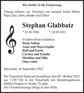Traueranzeige von Stephan Glabbatz  von Magdeburger Volksstimme
