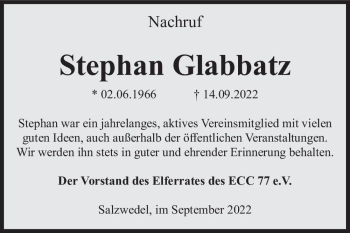 Traueranzeige von Stephan Glabbatz  von Magdeburger Volksstimme