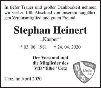 Traueranzeige von Stephan Heinert 