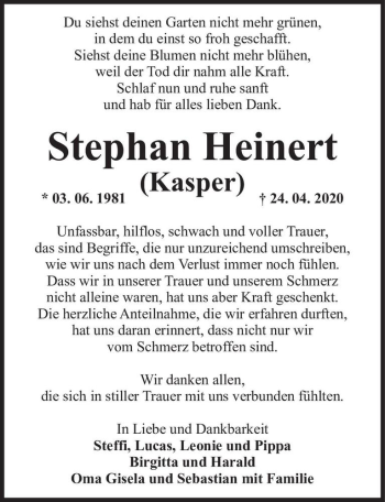 Traueranzeige von Stephan Heinert (Kasper)  von Magdeburger Volksstimme