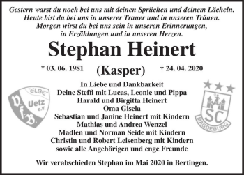 Traueranzeige von Stephan Heinert (Kasper)  von Magdeburger Volksstimme