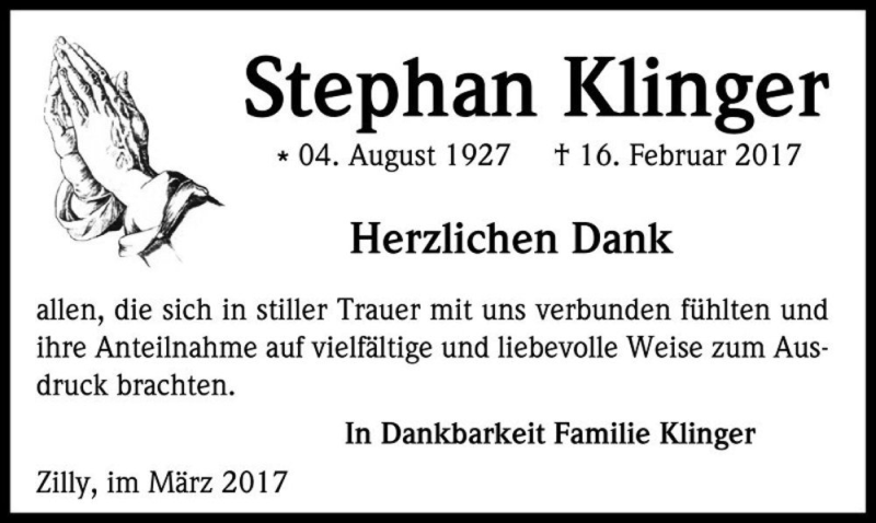  Traueranzeige für Stephan Klinger  vom 25.03.2017 aus Magdeburger Volksstimme