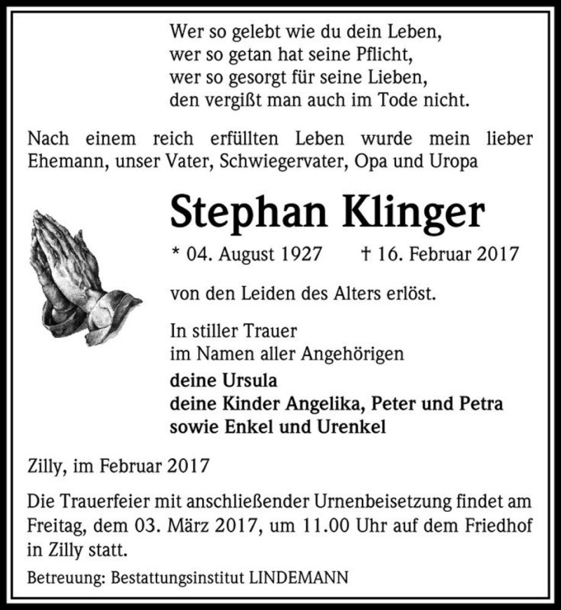  Traueranzeige für Stephan Klinger  vom 25.02.2017 aus Magdeburger Volksstimme