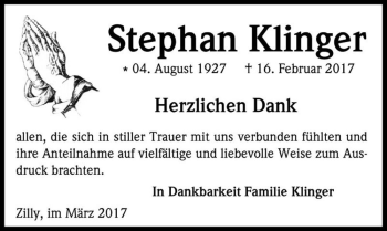 Traueranzeige von Stephan Klinger  von Magdeburger Volksstimme