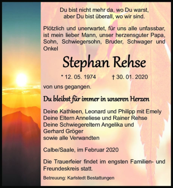 Traueranzeige von Stephan Rehse  von Magdeburger Volksstimme