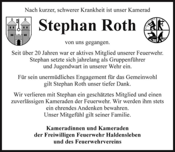 Traueranzeige von Stephan Roth  von Magdeburger Volksstimme