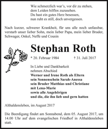 Traueranzeige von Stephan Roth  von Magdeburger Volksstimme