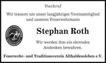 Traueranzeige von Stephan Roth  von Magdeburger Volksstimme