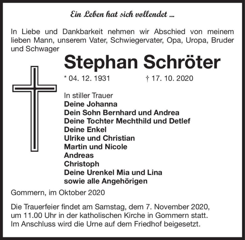  Traueranzeige für Stephan Schröter  vom 24.10.2020 aus Magdeburger Volksstimme