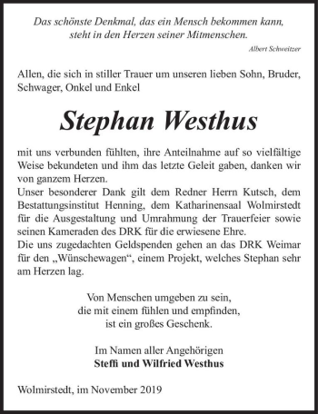 Traueranzeige von Stephan Westhus  von Magdeburger Volksstimme