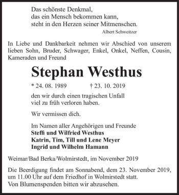 Traueranzeige von Stephan Westhus  von Magdeburger Volksstimme