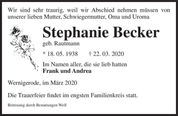 Traueranzeige von Stephanie Becker (geb. Rautmann)  von Magdeburger Volksstimme