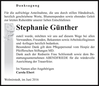 Traueranzeige von Stephanie Günther  von Magdeburger Volksstimme