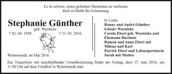 Traueranzeige von Stephanie Günther (geb. Warnicke)  von Magdeburger Volksstimme