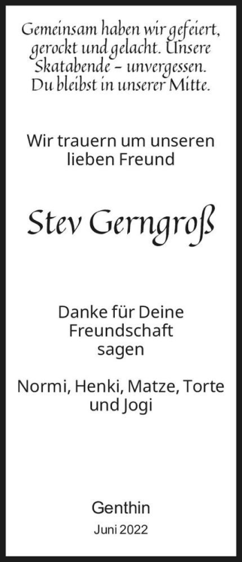 Traueranzeige von Stev Gerngroß  von Magdeburger Volksstimme