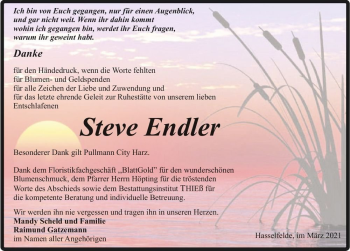 Traueranzeige von Steve Endler  von Magdeburger Volksstimme