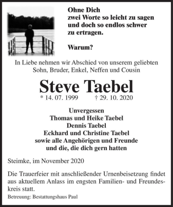 Traueranzeige von Steve Taebel  von Magdeburger Volksstimme