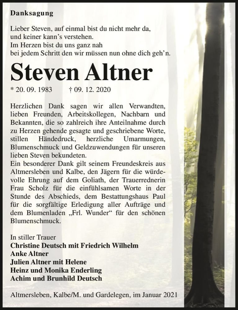  Traueranzeige für Steven Altner  vom 09.01.2021 aus Magdeburger Volksstimme