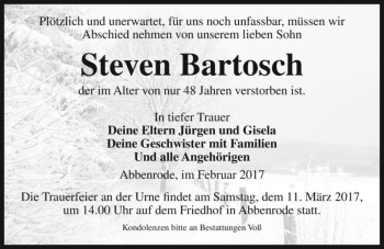 Traueranzeige von Steven Bartosch  von Magdeburger Volksstimme