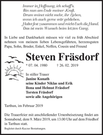 Traueranzeige von Steven Fräsdorf  von Magdeburger Volksstimme