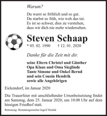 Traueranzeige von Steven Schaap  von Magdeburger Volksstimme